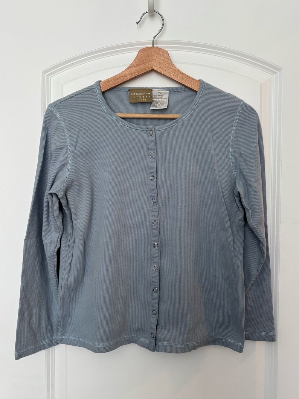 VTG LONG SLEEVE BUTTON DOWN RIBBED BABY BLUE TEE FAIRY CHIC ICONIC COLLEGIATE
